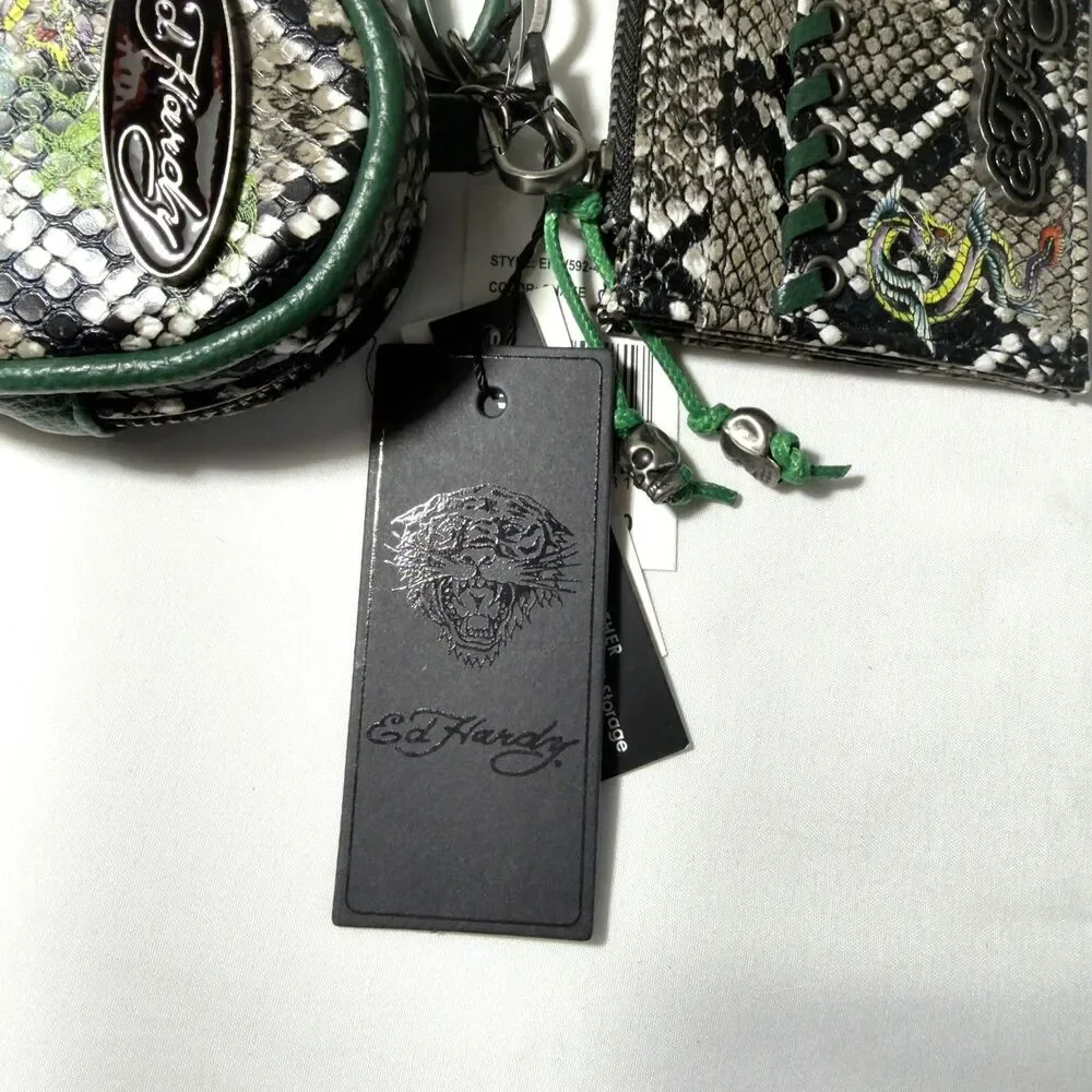Ed Hardy Keychain Wristlet Card Holder & Coin Pouch Snakeskin Print NWT